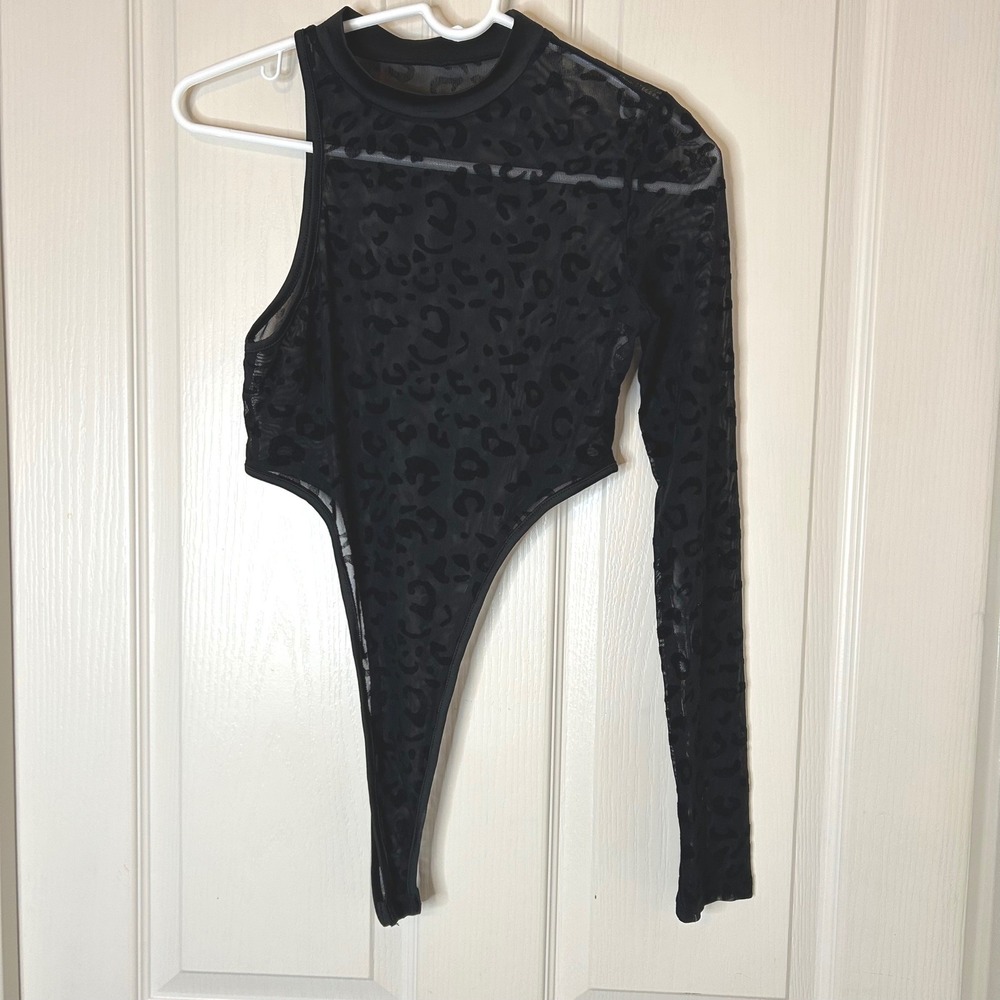 Black Mesh Leopard Print One Shoulder Long Sleeve Bodysuit Goth Women Size Large